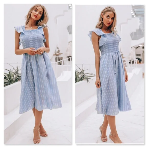 Denim Blue flutter sleeve Sun Dress - Picture 5 of 14